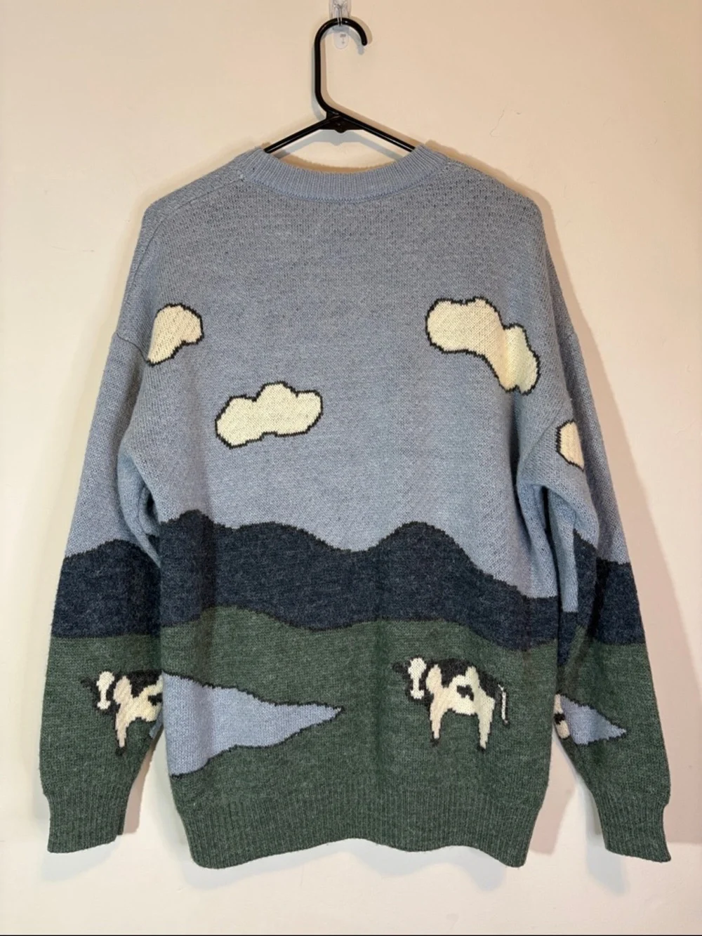 Cows In Pasture Graphic Knit Cloudy Sky Cow Print Grandpa Sweater Crewneck - Picture 4 of 7